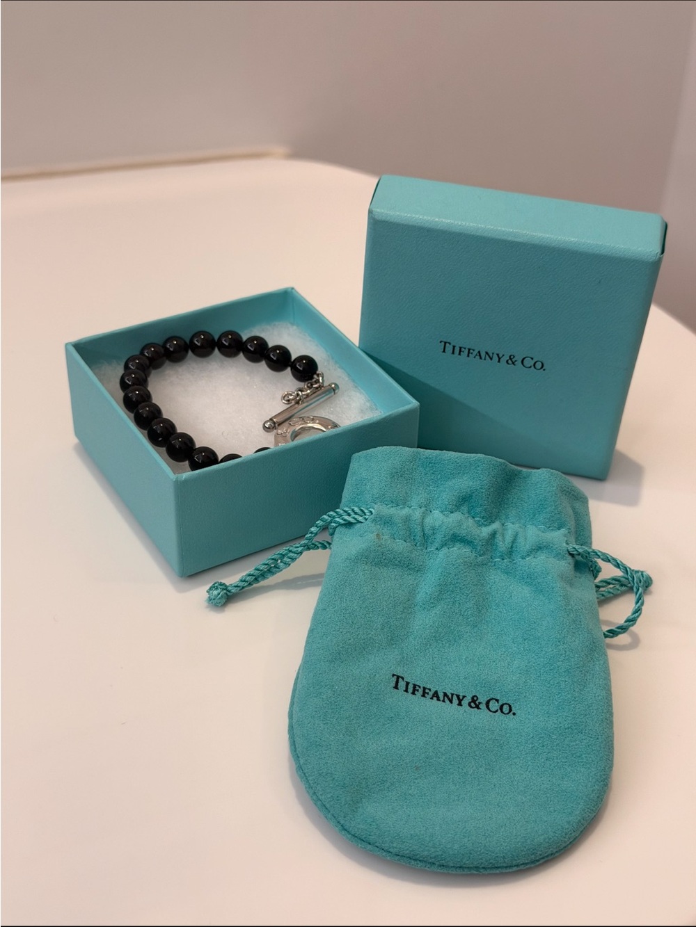 Tiffany & Co. Black Onyx Bead Bracelet with Sterling Toggle - Blue Gift Box